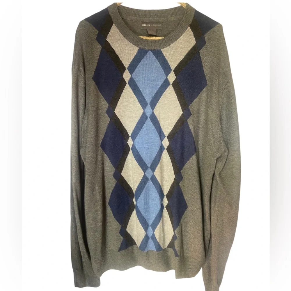 Tricots st Raphael grey cotton men’s sweater xl extra soft long sleeve argyle - Picture 1 of 5
